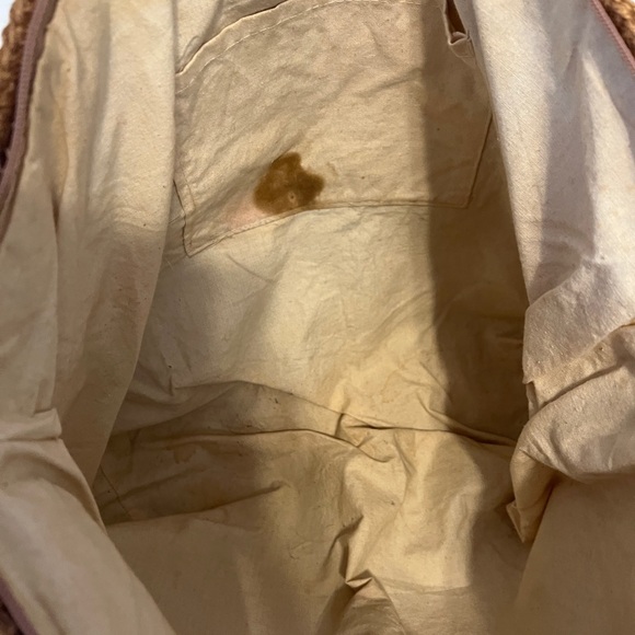 Vintage Woven Sisal Tote Bag Leather Handles Purple Green Pattern - Picture 6 of 6